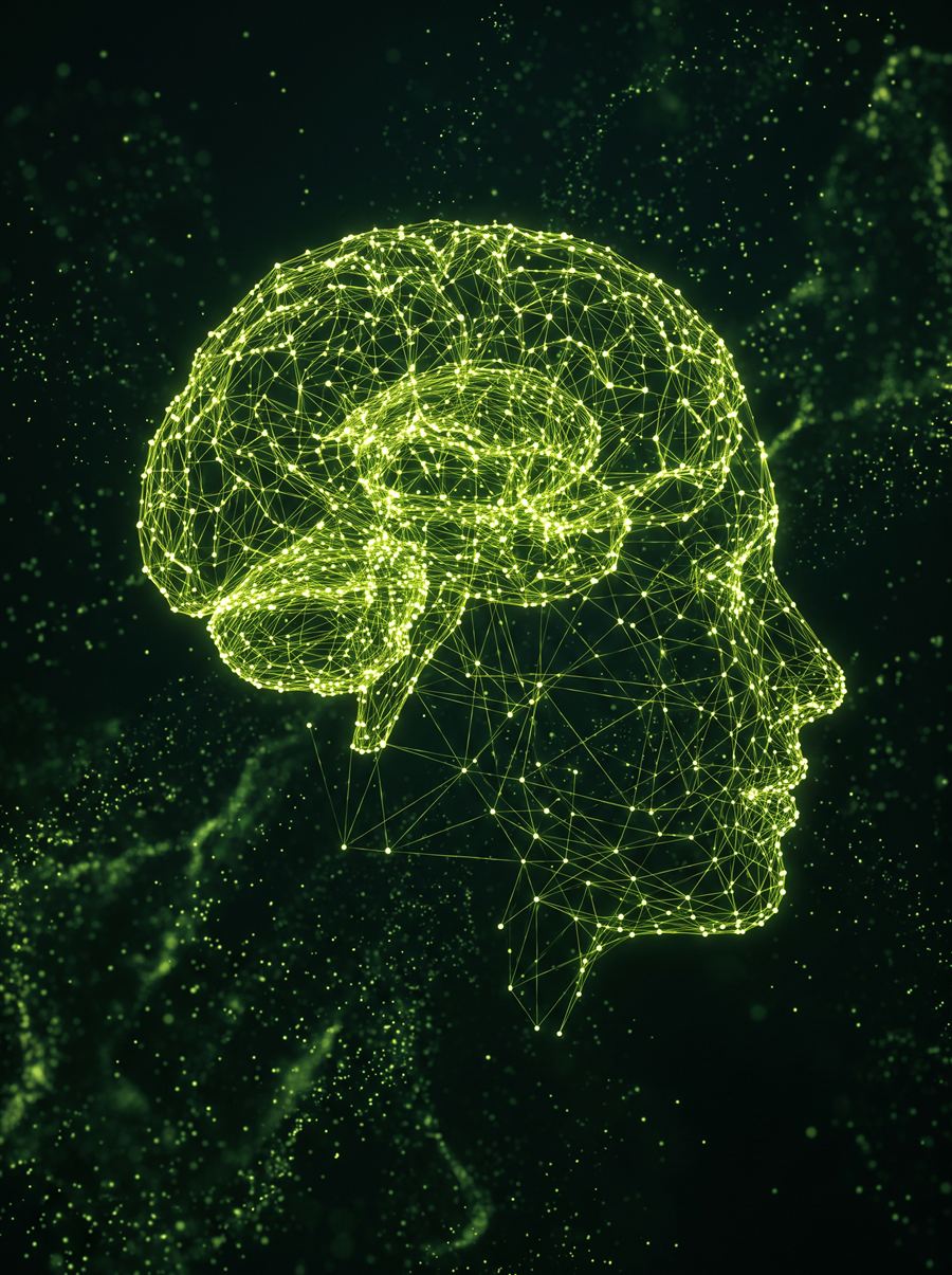 Rede neural luminosa formando um perfil humano